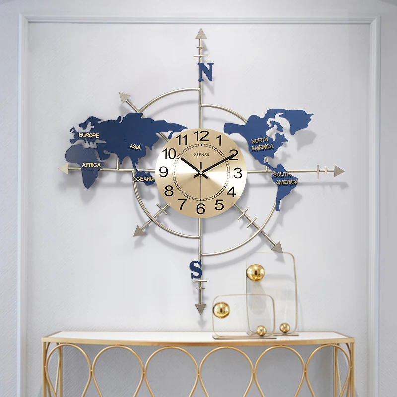 

Nordic Wrought Iron Map Wall Clocks Wall Hanging Ornaments Livingroom Mute Clock Wall Mural Crafts Home Wall Sticker Decoration