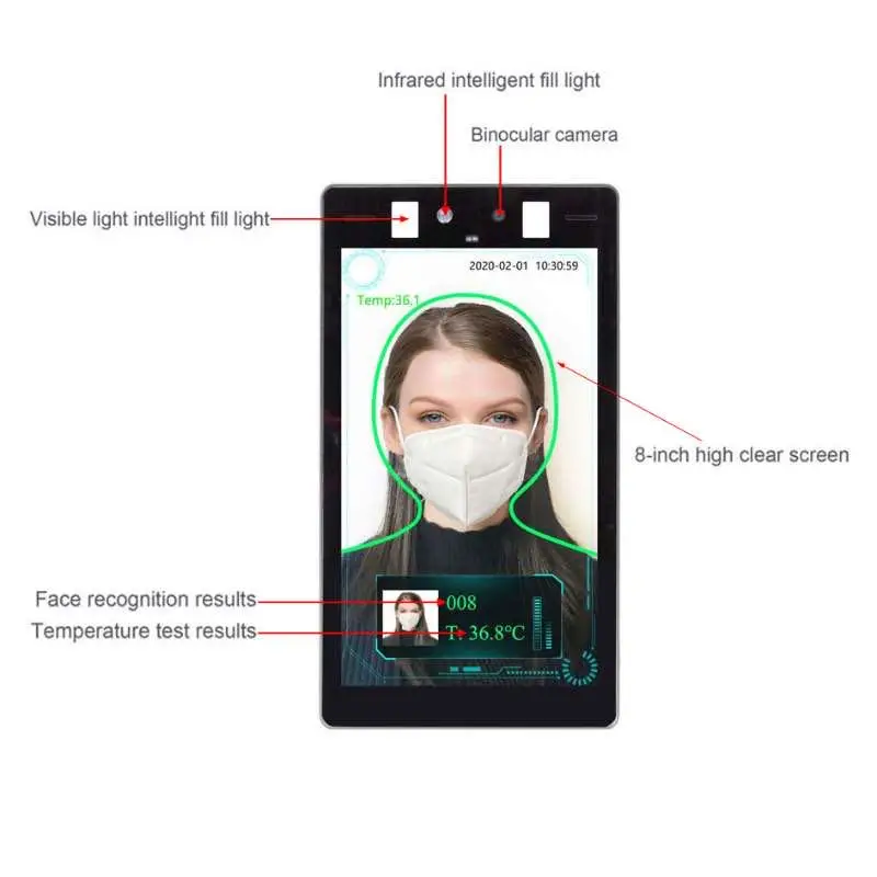 Распознавание лица тепловой сканер температурный 8-дюймовый настенный планшет