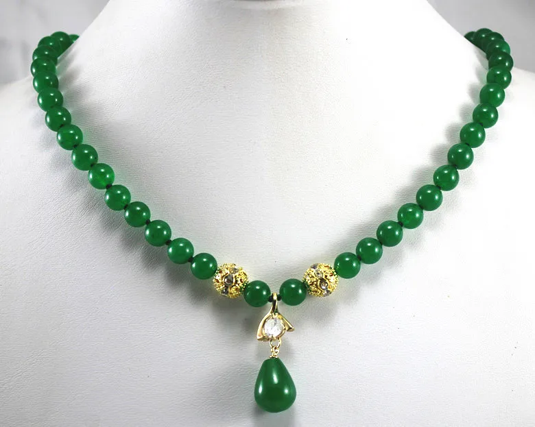 

lady's best accessory 8mm green jade necklace and water drop pendant necklace for party and anniversory