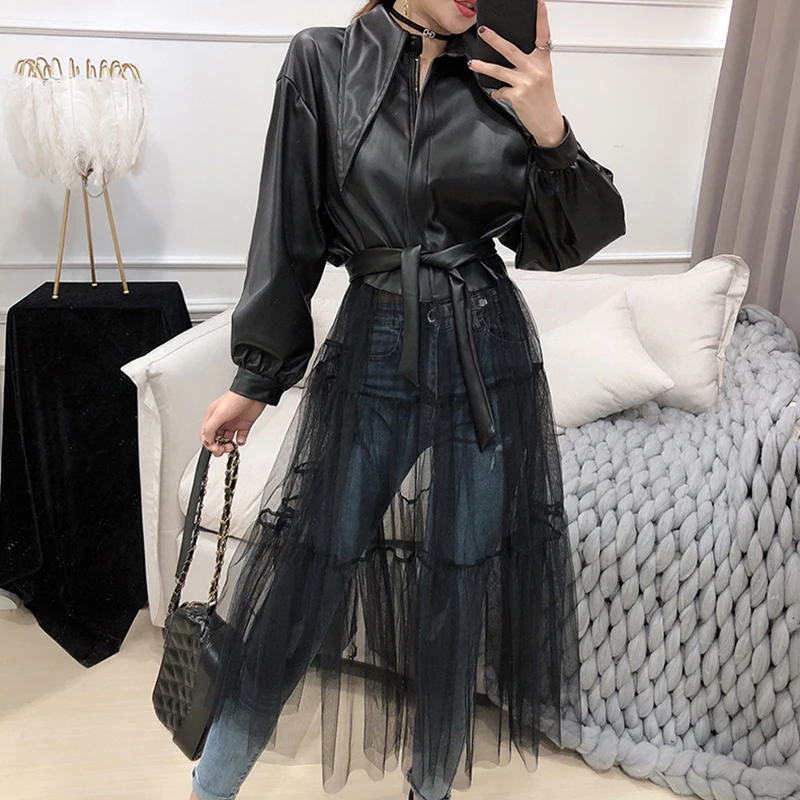 

Fashion Mesh Long Sleeve Women Faux Leather High Quality Pu Extended Faux Leather Woman Autumn Casual Black Women's Top Clothes