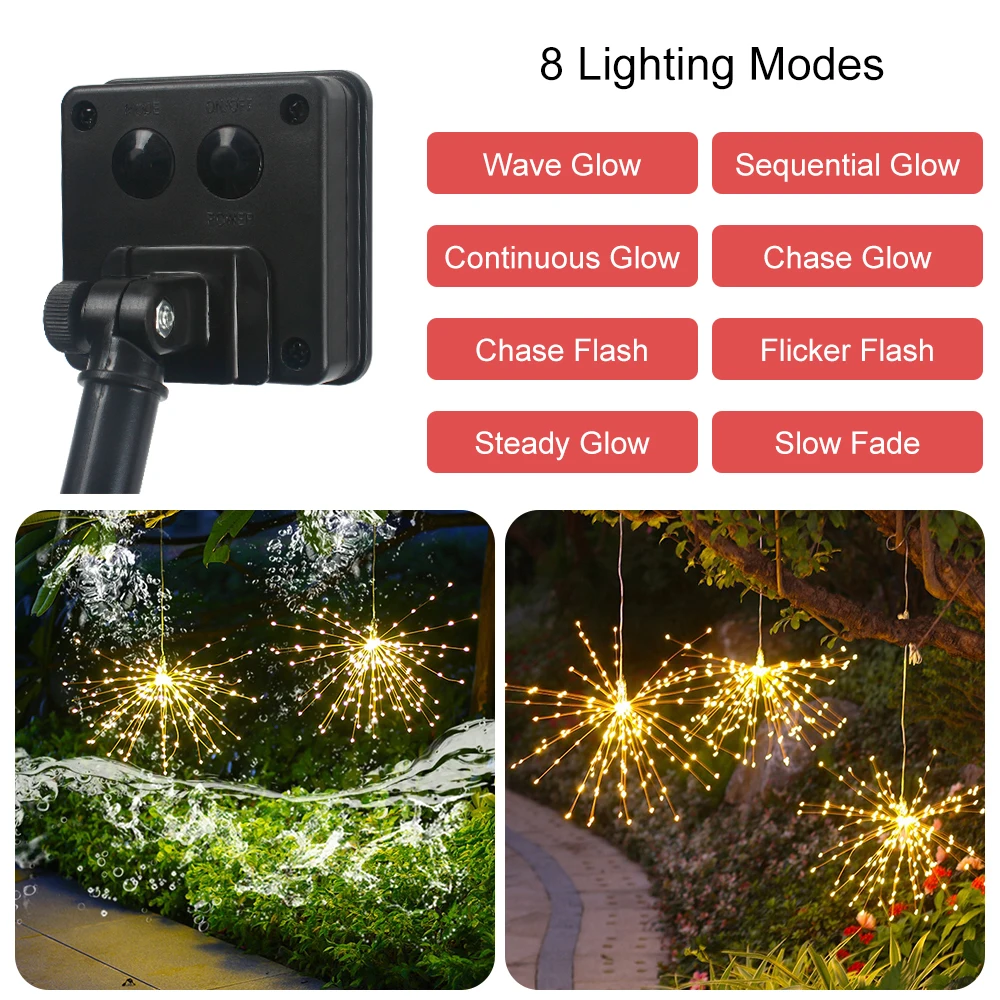

Solar Firework Lights 8 modes Starburst LED Fairy Lights Outdoor Path Lawn Garden Decor Lamp IP44 Holiday Christmas New Year