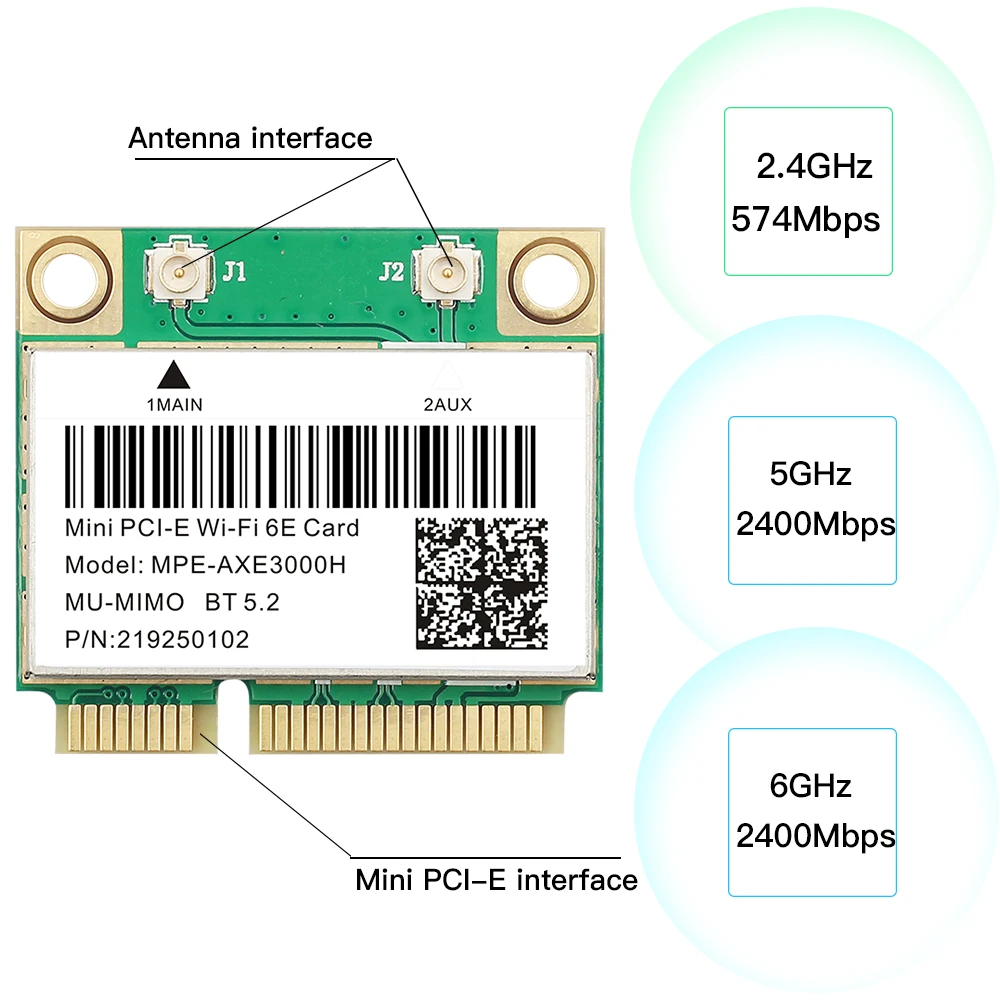 Tri Band 5374Mbps AX210 Mini pcie Wifi 6E Wireless Network Card AXE3000H BT5.2 With Antenna 2.4G/5G/6G 802.11ax MU-MIMO Win 10 | Компьютеры