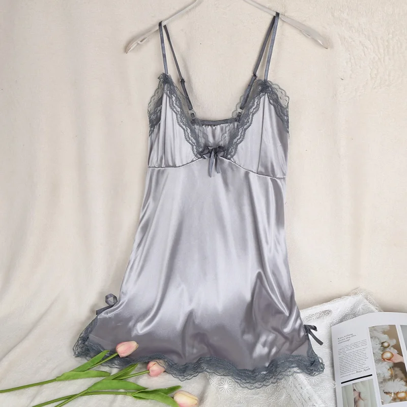 

Women Sexy Lace Night Dress Deep V-Neck Sleepwear Skirt Silk Nightgown Thin Straps Nightdress Ladies Nightwear Summer Homewear