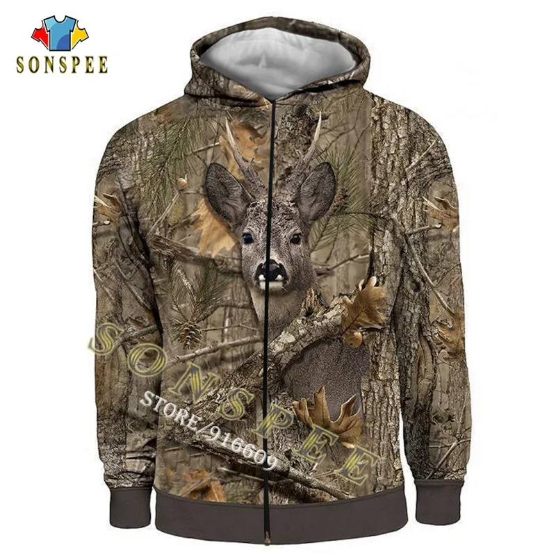 

SONSPEE 3D Printing Hoodie Men Outdoor Camo Deer Animal Crew Neck Sweatshirt Zipper Hooded Long Sleeve Jungle Sports Wild Top