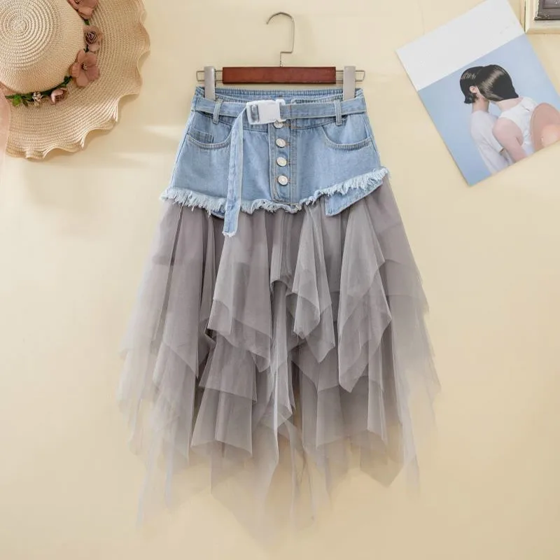 Summer Denim Jeans Skirt Women irregular High Waisted Tulle Skirts Mesh Patchwork Pockets Pleated Mid-Calf Tutu Street 2021 | Женская