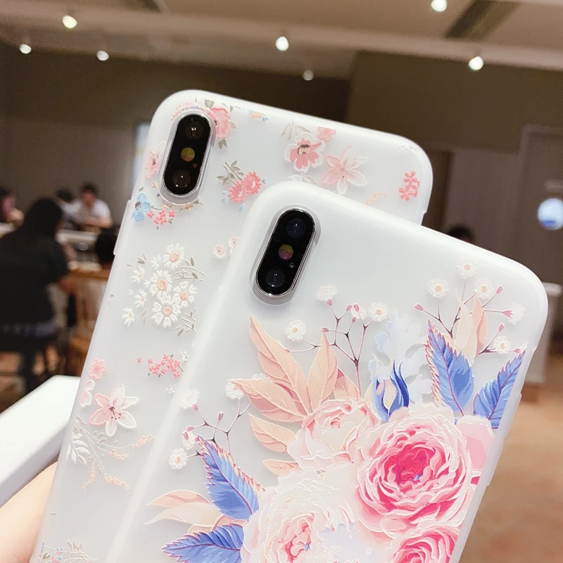Для iPhone 6 6s 7 8 Plus 10 11 Pro X XS XR Max 3D Цветочный рельефный Матовый Прозрачный мягкий