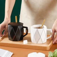 400ml eight angle mugs couples black and white ceramic cup with lid and spoon simple and generous office milk coffee bottle