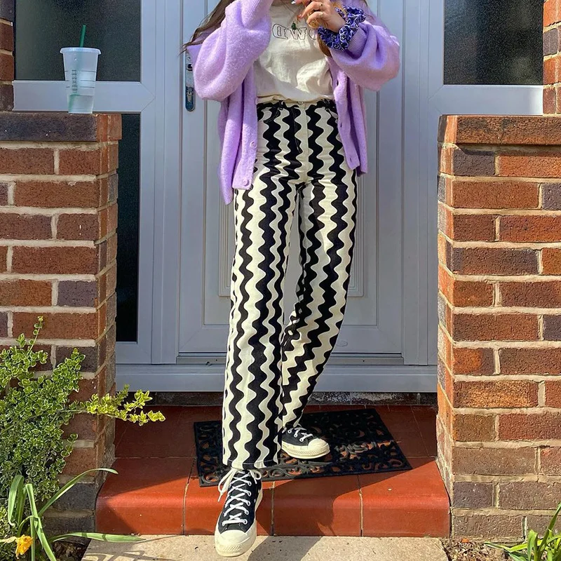 

Personalized black white stripes contrast color printing fashion high-waist women's casual pants