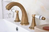 vintage retro antique brass deck mounted dual handles widespread bathroom 3 holes basin faucet mixer water taps man090