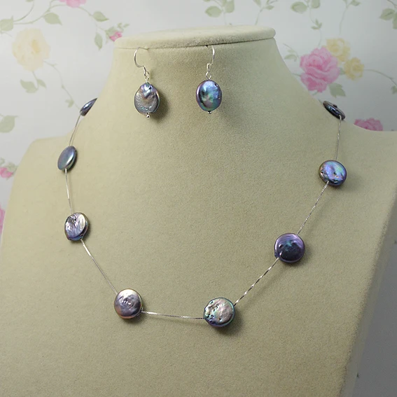 

Unique Design AA Coin Pearl Jewelry Set Black Color Real Freshwater Pearls S925 Sterling Silver Chain Necklace Earring Lady Gift