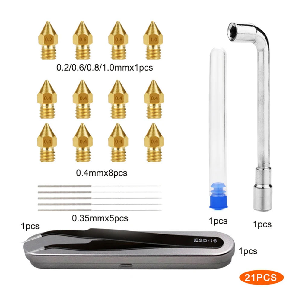 

Насадки MK8 для 3D-принтера 0,2/0,4/0,6/0,8/1,0 мм, гаечный ключ, пинцет, 0,35 игл, набор аксессуаров, сменные сопла