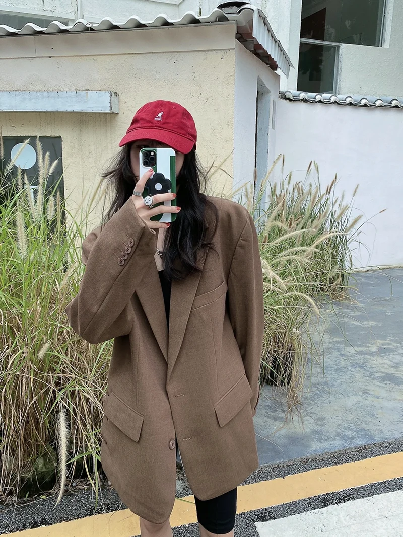 

Premium solid color women's shoulder pad button split profile coffee suit chic minority design coats