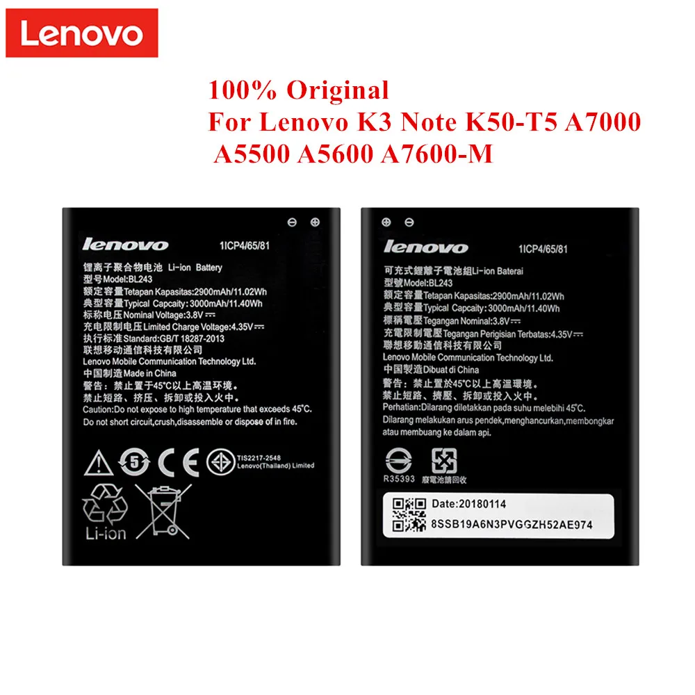 100% Оригинальный аккумулятор BL243 для Lenovo K3 Note K50 T5 A7000 A5500 A5600 A7600 2900/3000 мАч