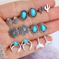 7 pairs set retro silver color alloy resin earrings set crescent cactus fish tail pattern geometric round blue earrings jewelry
