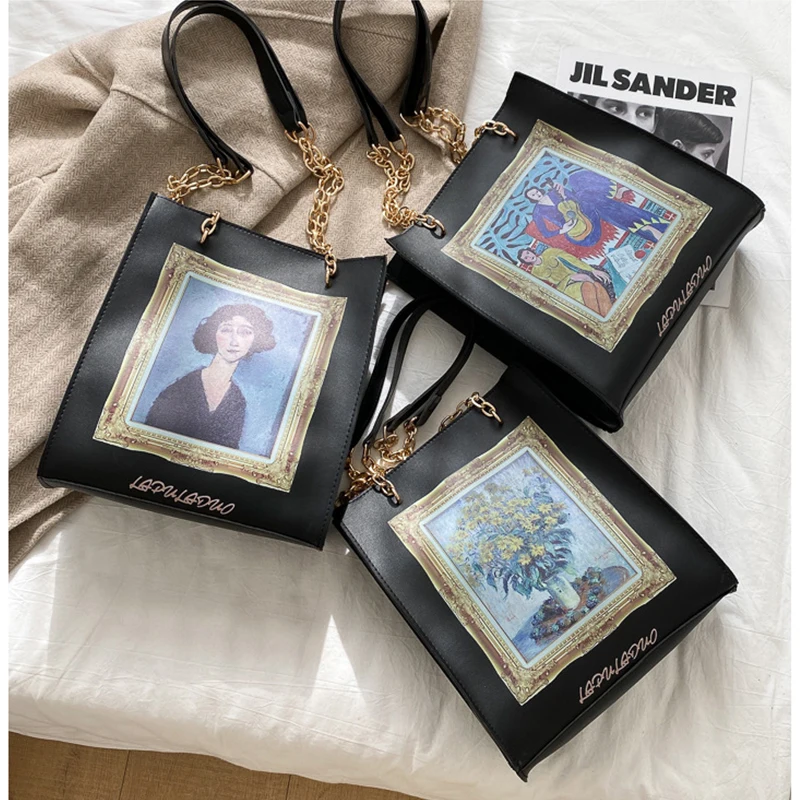 

Vintage Oil Painting Bag Women Chain Tote Shoulder Bolsos Leather Shopper Sac Femme Designer Borsa Donna Handtassen Dames