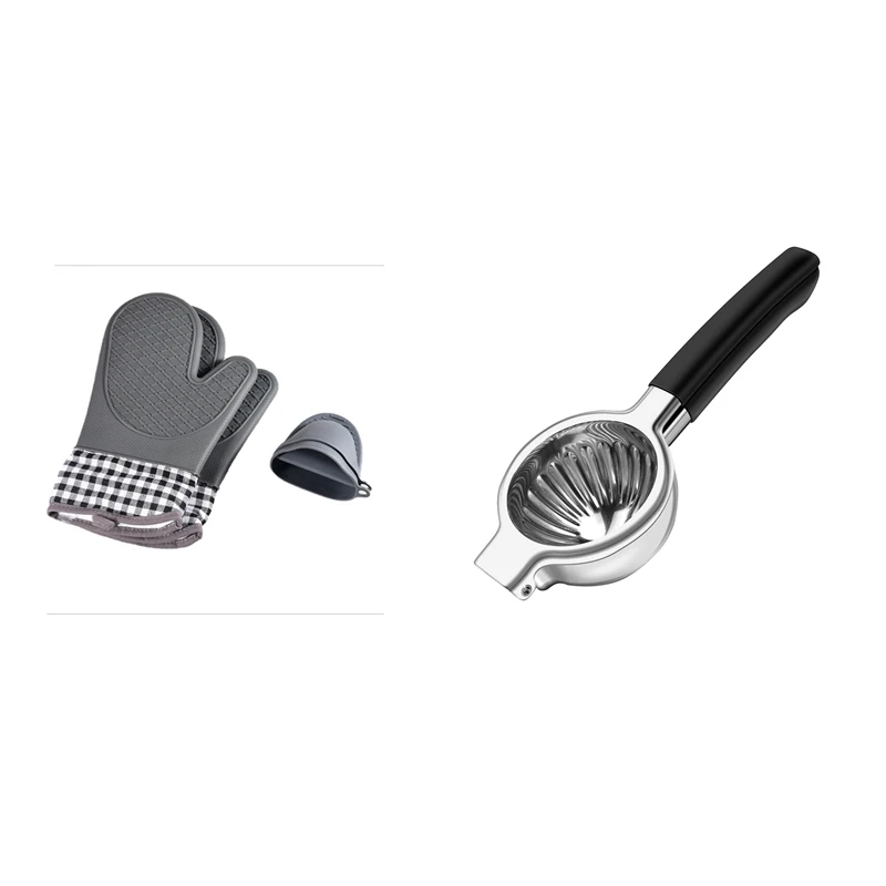 

Oven Gloves And Pot Holder Set Heat-Resistant Oven Gloves With Lemon Squeezer 304 Stainless Steel Manual Citrus Juicer