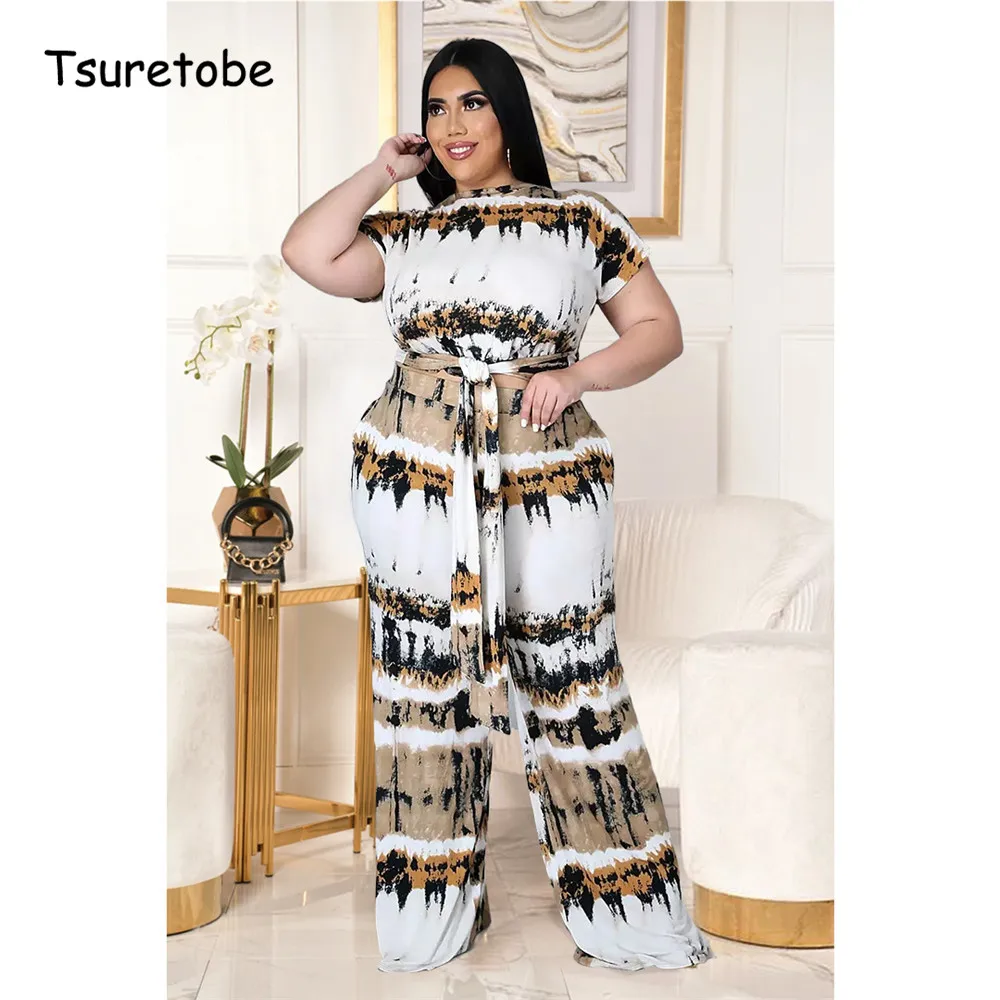 

Женский Повседневный костюм Tsuretobe из двух предметов с принтом, бандажный топ с коротким рукавом и модные широкие брюки, летний наряд для жен...