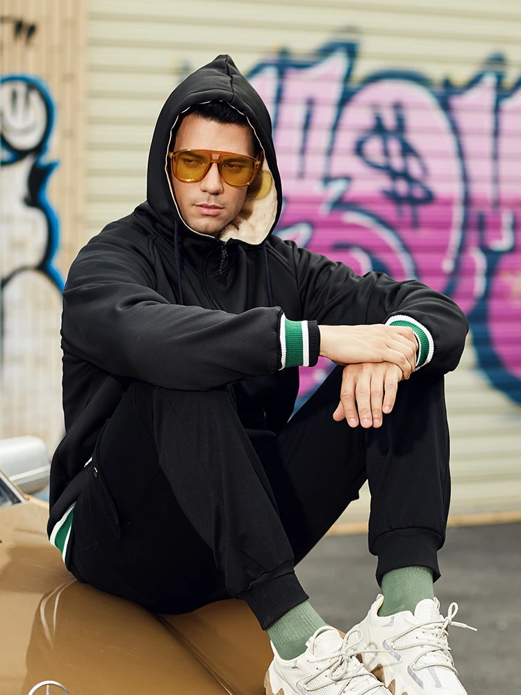 Covrlge Autumn Winter Sports Men's Letter Color-blocking Parka Plus Velvet Zipper Cardigan Hooded Coat Male Streetwear MWM121