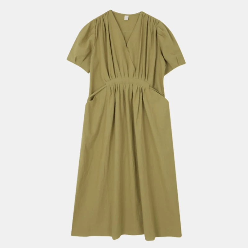 

Retro Loose V Neck Short Sleeve Y2K Summer Maxi Dress Women Simple Casual Soft Draped Very Soft Robe Femme Japan Style Vestidos