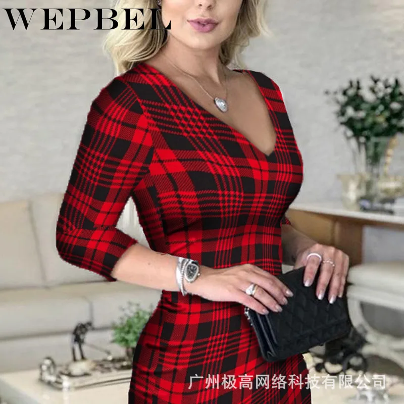 

WEPBEL Women Elegant Plaid Skinny Pencil Dress Ladies Spring Autumn Sexy Long Sleeve V Neck High Waist Slim Fit Bodycon Dress