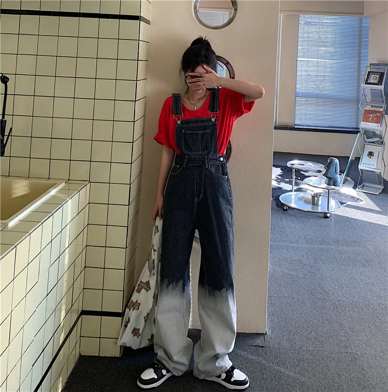 

Streetwear Tooling Casual Harajuku Overalls High Waist Pocket Vintage Gradient Designs Denim Jumpsuits Cowboy Rompers Trousers