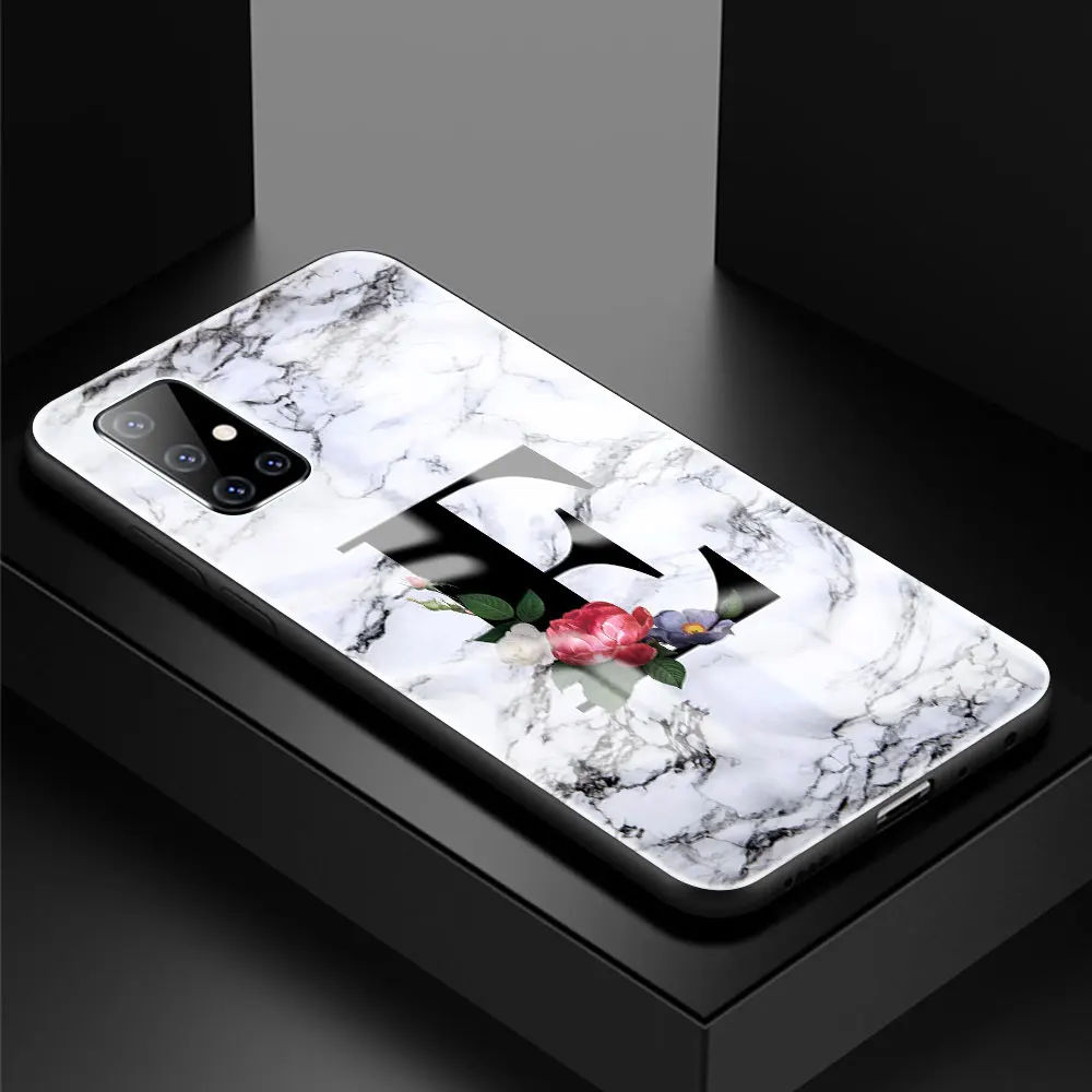 

Tempered Glass Case For Samsung Galaxy A51 A50 A71 A70 A31 A30 A21s A91 A10 A40 Phone Cover Sac Fashion Marble Letter