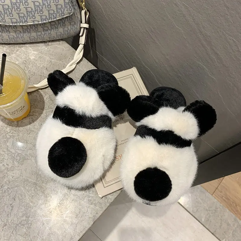 

Winter Indoor Women's Thick Warm Slippers Flat Shoes Faux Fur Plush Lining Cartoon Bear Cute Shoes K10