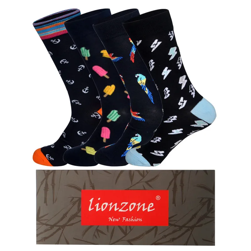 LIONZONE, 4 пар/лот, весна, Новое поступление, носки для мужчин, художественный стиль, уличная мода, хип-хоп дизайн, счастливые носки+ Бесплатный подарок - Цвет: C9-Box