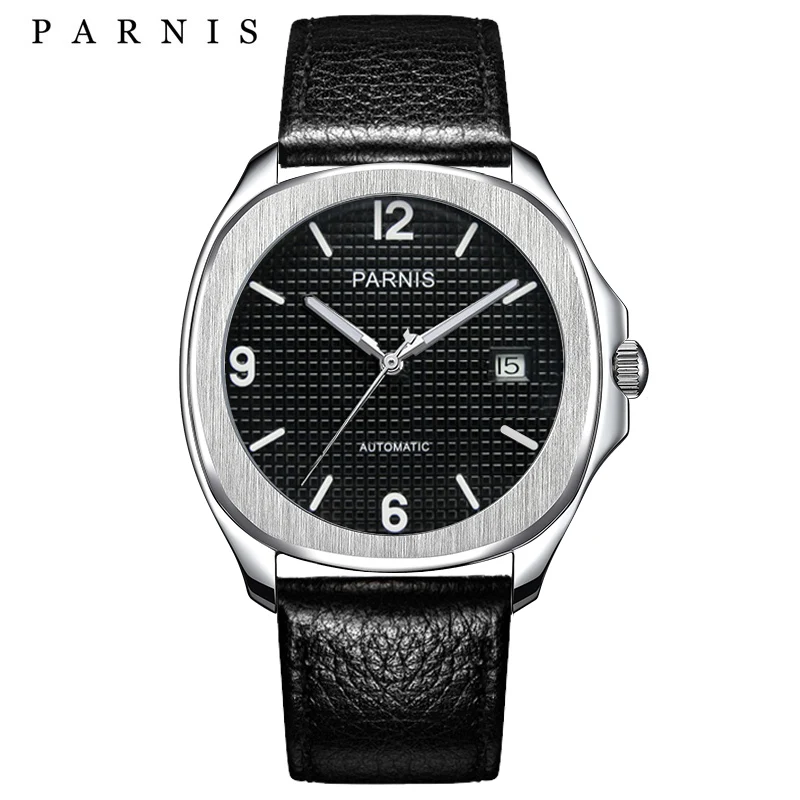 

Men's Watch 42mm Automatic Mechanical Watch Sapphire Glass Black Dial Calendar Display Waterproof Leather Strap