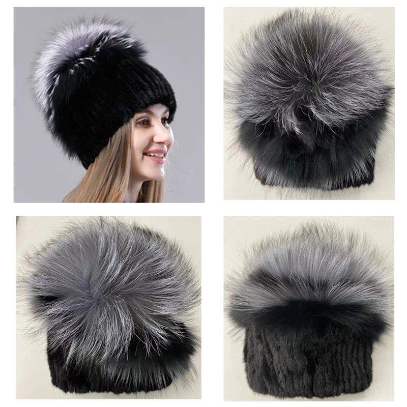 

Natural Fox fur hat fluffy winter warm mink fur hat for women knitted luxury fashion stylish anti-cold real fur hat