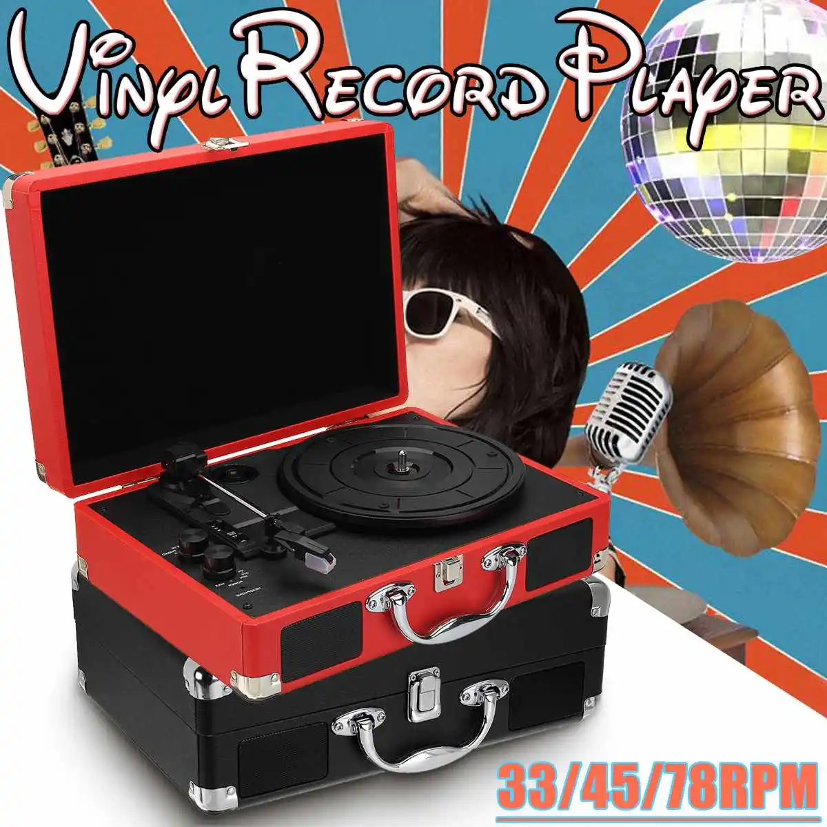 

Retro Phonograph Turntable Portable Suitcase Record Player 3 Speed Aux in MP3 Record-Player With Speaker 33/45/78 RPM bluetooth