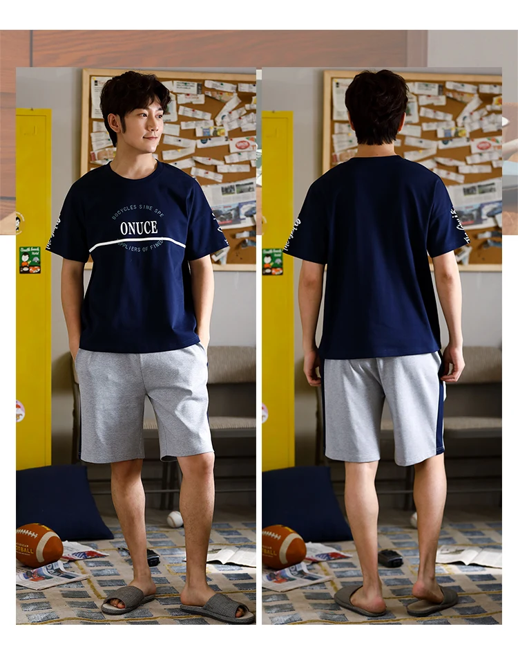 

Big Size L-3XL Pijama Hombre Verano 100% Cotton Letter Men Pajamas Set Top and Shorts Casual Sleepwear Suit Male Loungewear