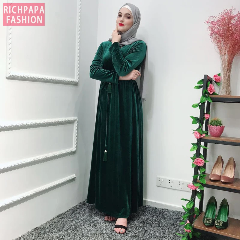Бархатная Абая Женская кафтан халат Дубай мусульманский хиджаб платье Турция