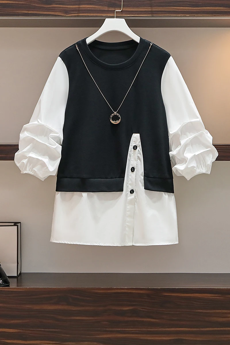 

SuperAen 2021 New Fake Two O Neck Shirts Slim Fashion All Match Loose Womens Tops