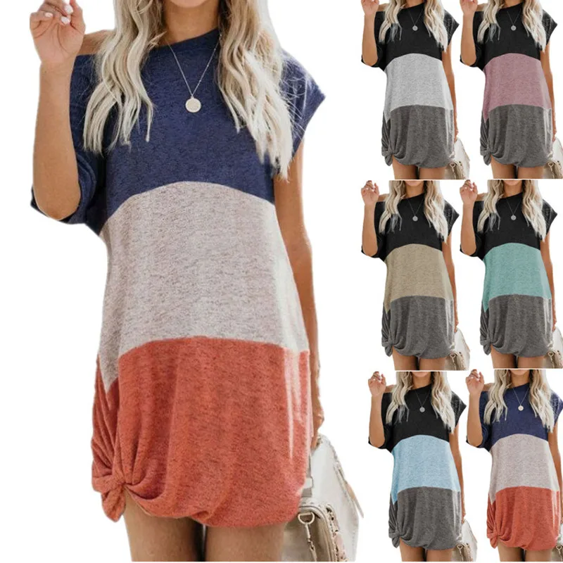 

OLOMLB Summer New Fashion Half O Neck Short Sleeve Ladies Dress Tricolor Splicing Kink Casual Loose Folds Women Dress