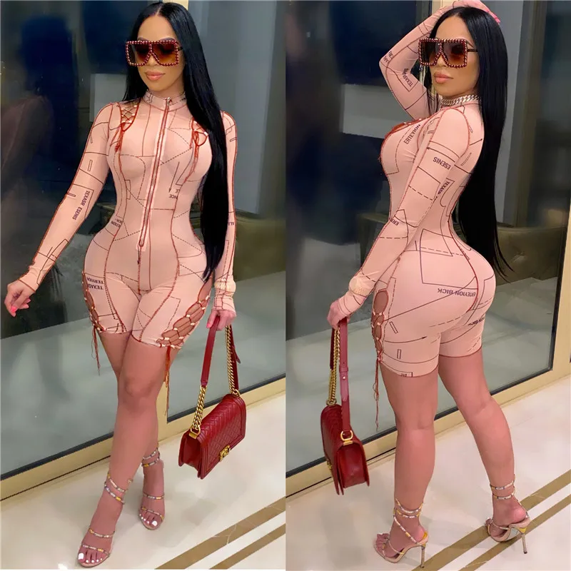 

CHRONSTYLE Sexy Letter Print Long Sleeve Playsuit Women Biker Shorts Side Hollow Out Zip Up Club Outfits Bandage Romper Jumpsuit