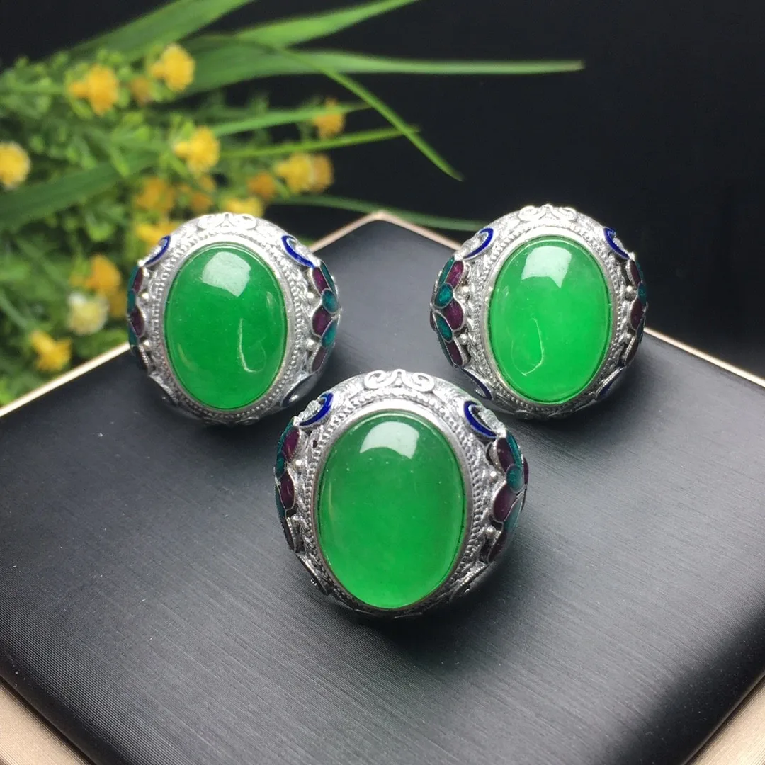 

Natural Burma Emerald Jade Silver Ring Men Women Healing Jewelry Green Myanmar Jadeite Party Wedding Rings Jades Band Jewellery
