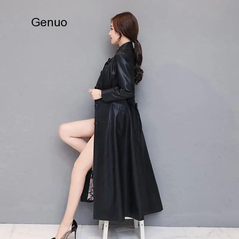 Женская осенне-зимняя кожаная куртка пальто из искусственной кожи с длинным