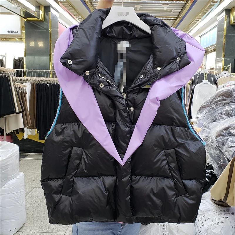 

[EWQ] Korea Chic Women Autumn Winter 2021 New Color Matching Letters Loose Short Stand Collar White Duck Down Vest Coat 6E4853