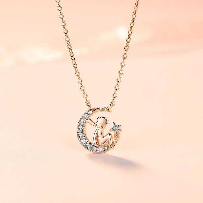 

The Little Prince Necklace S925 Sterling Silver Star and Moon Pendant Simple Temperament Net Red Clavicle Chain Banquet Jewelry