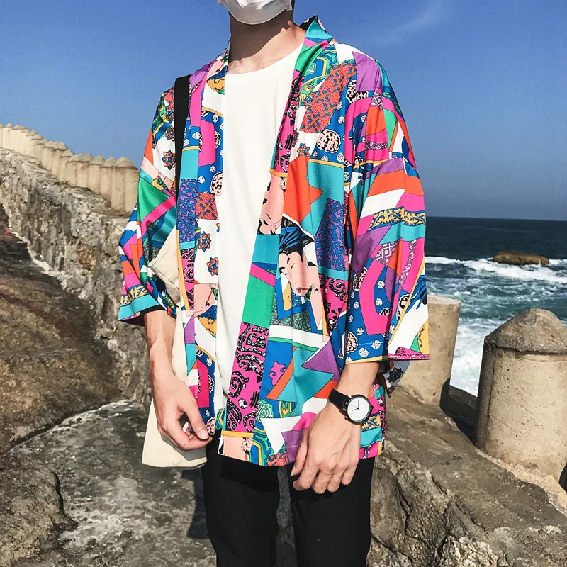 

Men Loose Hip Hop Shirt Harajuku Japanese Ukiyo E Anime Shirt Short Sleeve Top Hawaiian Shirt Casual Streetwear Thin Summer