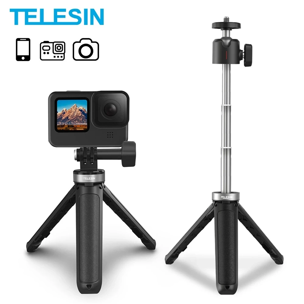 TELESIN Mini Tripod Portable Aluminium Alloy Adjustable Length Selfie Stick For GoPro Hero 11 10 Action Camera iPhone 14 Pro Max