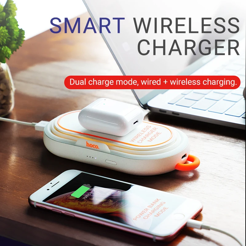 hoco повер банк 5000mAh беспроводная зарядка 5W USB выход 2А пауэр мобильный внешний