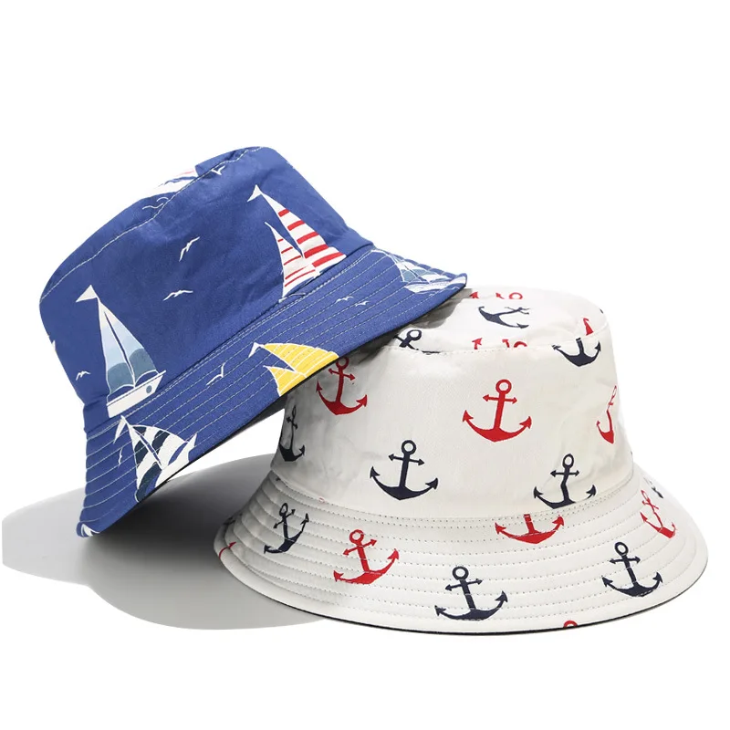 

New Fashion Navy Wind Fisherman Hat Male And Female Anchor Printing Flat Top Hat Outdoor Travel Wild Sun Visor Hat