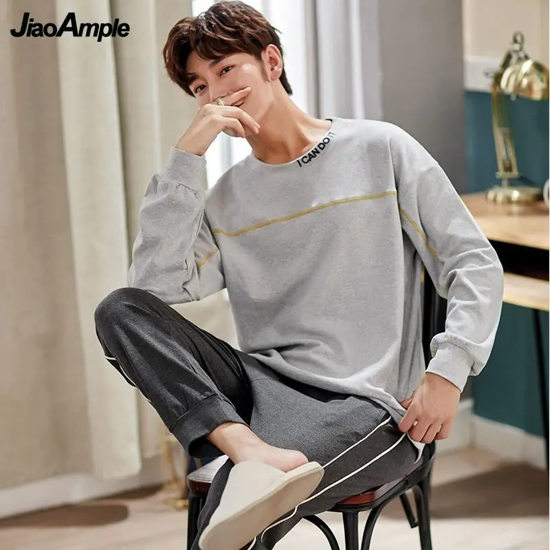M-4XL Pajamas Men's Long-Sleeved Trousers Pajamas Two-Piece Spring Autumn Cotton Loose Sleepwear Pijamas Boy Casual Home Clothes