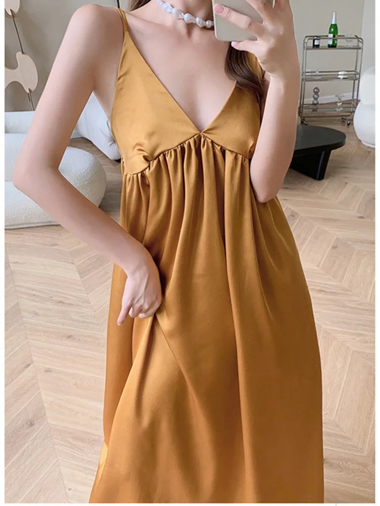 Женское винтажное платье комбинация с V образным вырезом Длинное свободное