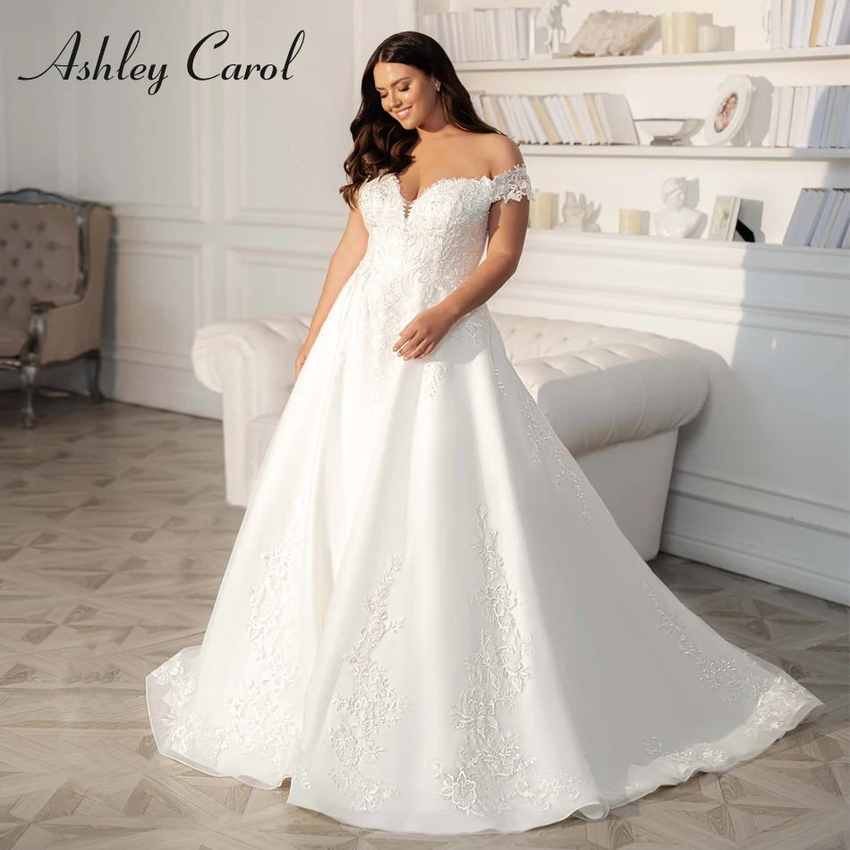 

Ashley Carol Plus Size Wedding Dresses 2023 Off the Shoulder Sweetheart A-Line Appliques Lace Up Wedding Gown Vestidos De Novia