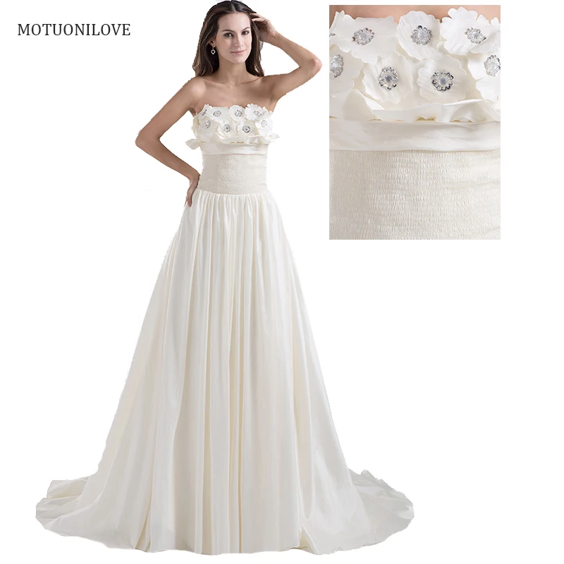 

Nude Champagne Wedding Dresses 2019 Boho Bridal Gowns Handmade Flowers A-line Wedding Gowns Strapless Bride Dresses Custom Made