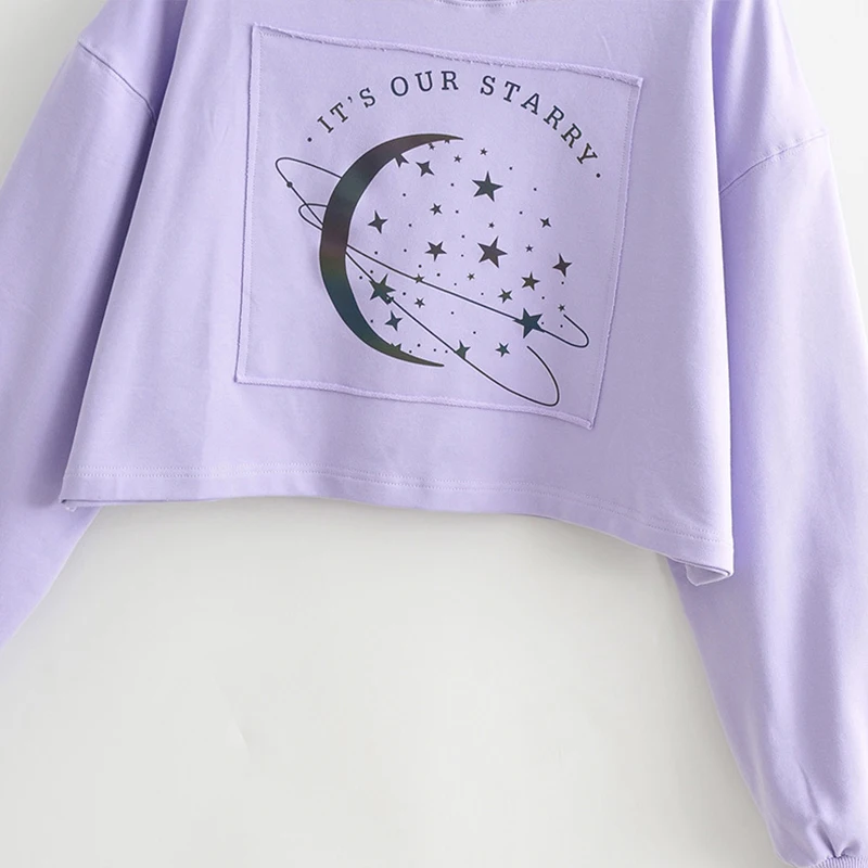 

SWEETKAMAAutumn Print Short Long Sleeve Top Women Planet Print Casual O-Neck Pullover Loose Sweatershirt