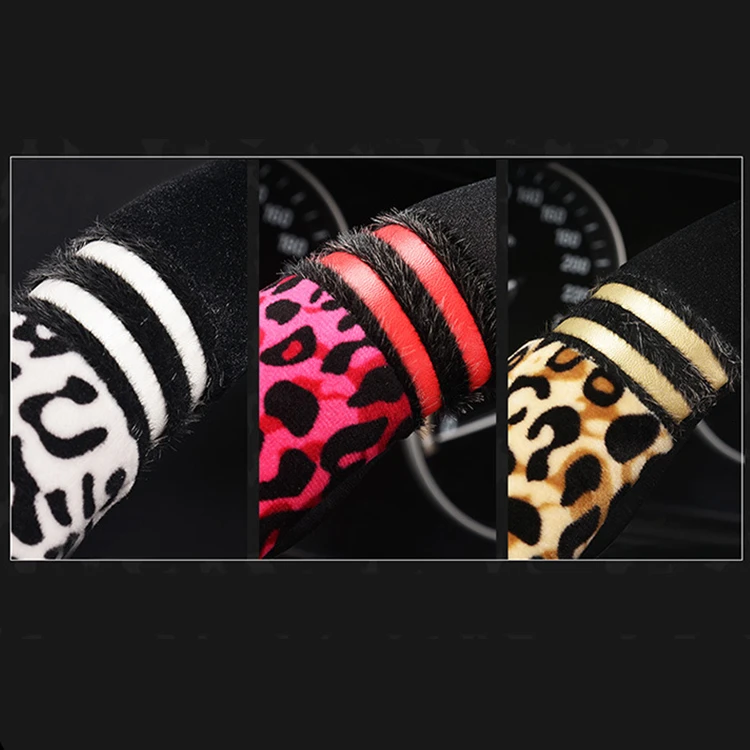 

Car Fashion Fur Steering Wheel Cover Leopard Winter Faux Fur Hand Brake & Gear Cover Set Soft Warm Car Interior Accessories